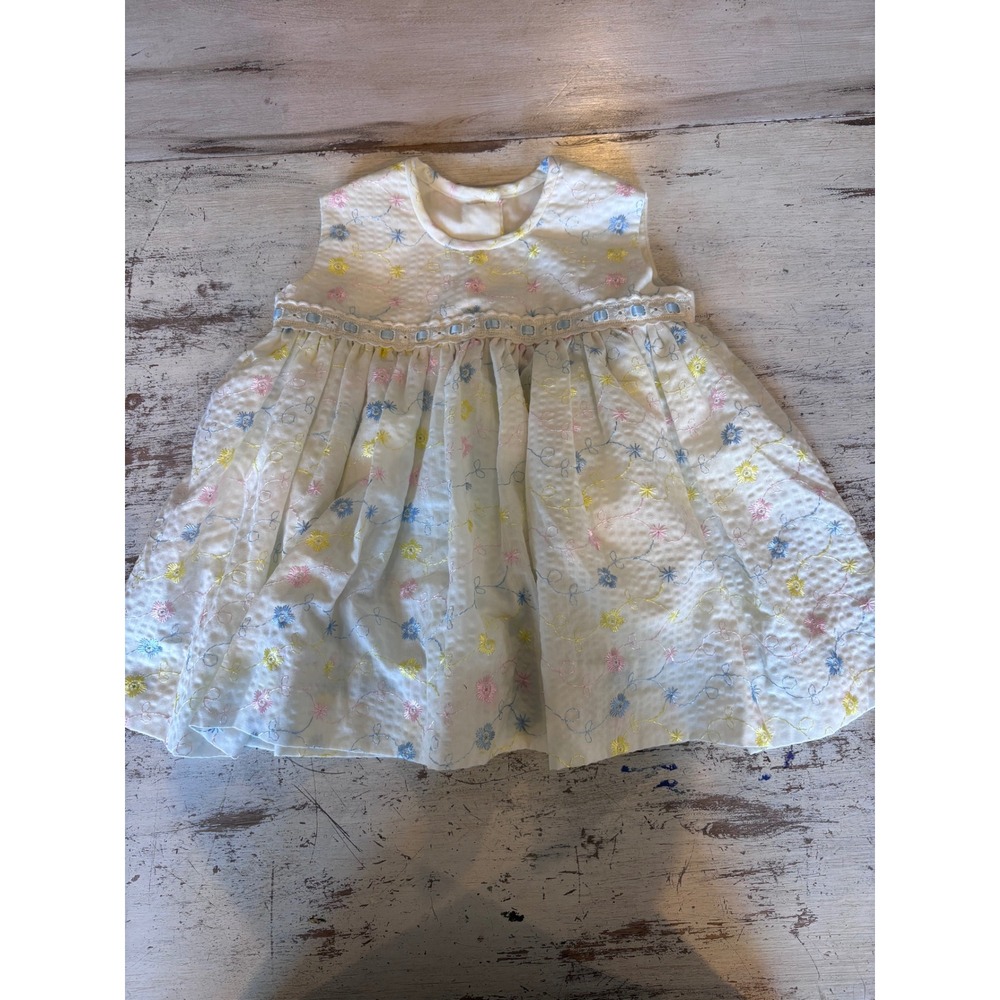 Handmade floral embroidered baby dress 6-12 months white pastel eyelet lace